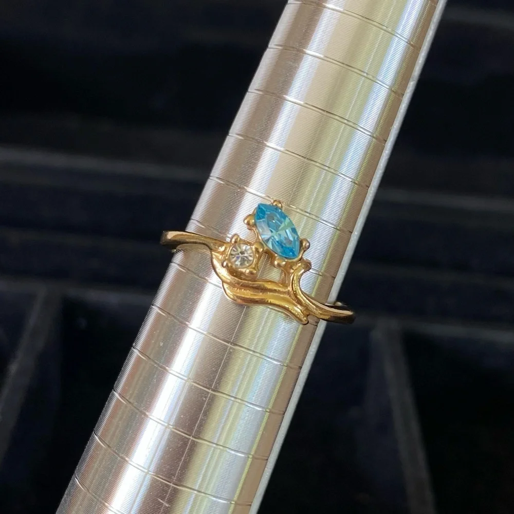 Ring 14k Yellow Gold Plated Open Knot Setting Marquise Cut Blue Stone Round Clea